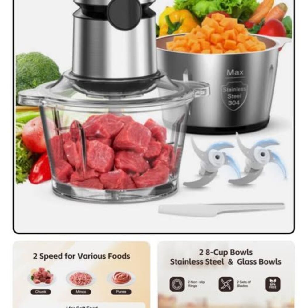 Electric Food Processor Chopper Meat Grinder - 8 Cup Veggie Chopper x2 Bowls